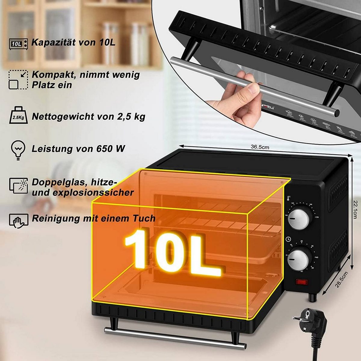 Woltu Minibackofen, 10 Liter, 650 Watt mit Timer für Pizza, Toast, Truthahn – Bild 3