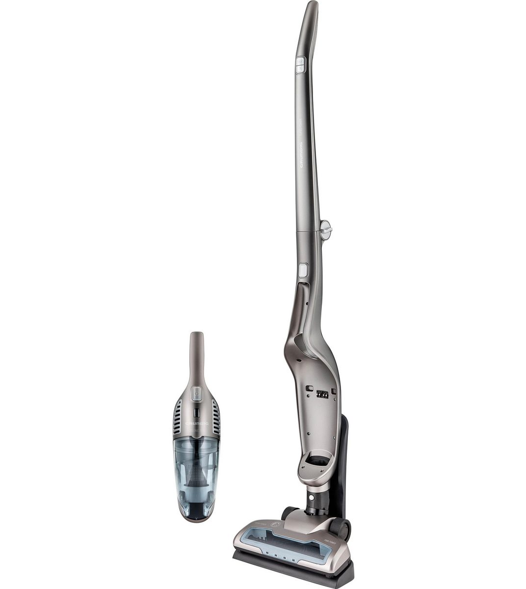 Grundig Akku-Stielstaubsauger VCH 9832, 2- in 1 Akkusauger, herausnehmbares Handteil, beutellos, 75 min Akkulaufzeit, platzsparende Aufbewahrung, 4-stufige Akkuanzeige