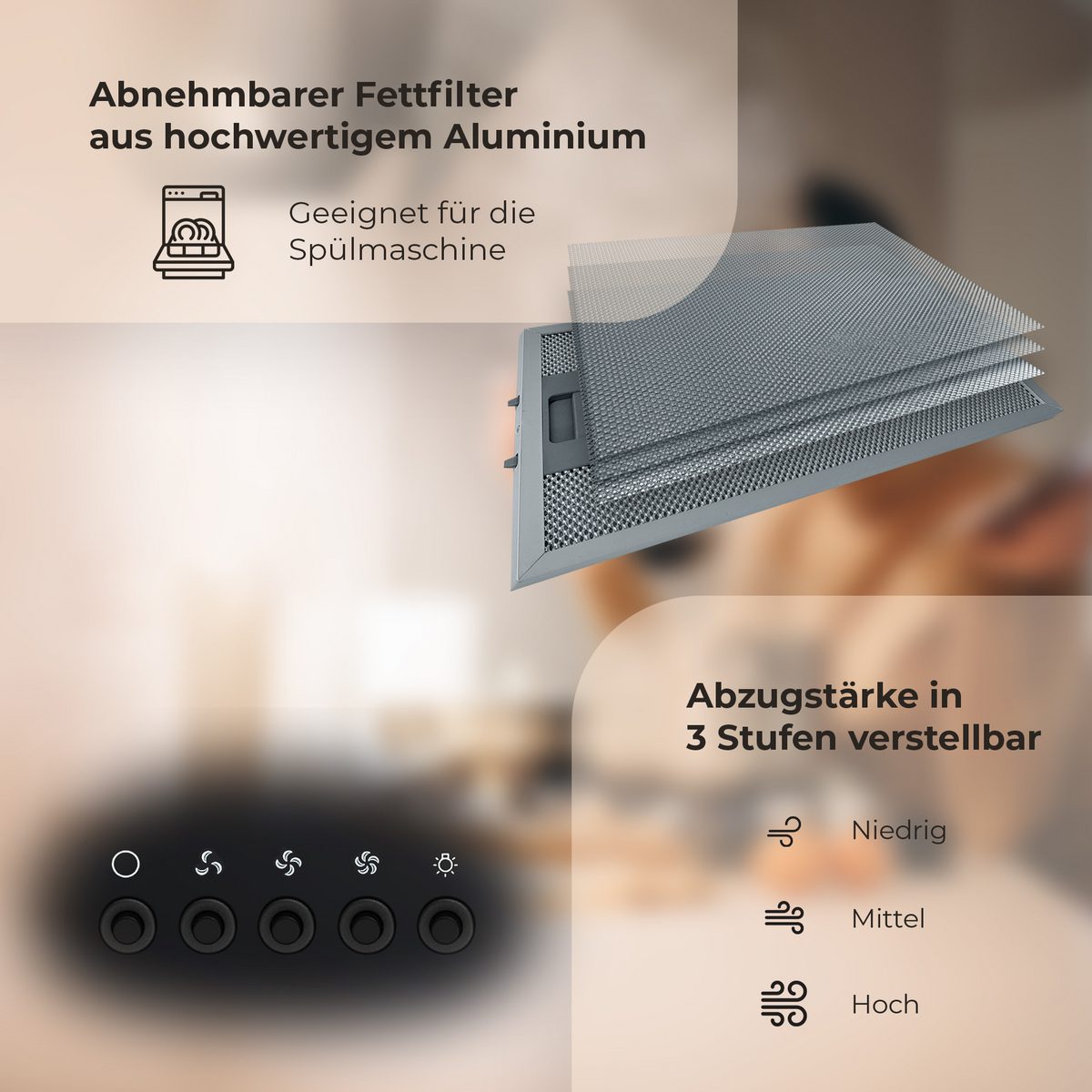 YUNA Kopffreihaube Dunstabzugshaube DULCIA Schräghaube Wandhaube Glasfront 3 Stufen Dunstabzugshaube DULCIA Schräghaube Wandhaube Glasfront 3 Stufen, 60cm breit, LED-Beleuchtung, Abluft & Umluft, schwarz – Bild 5
