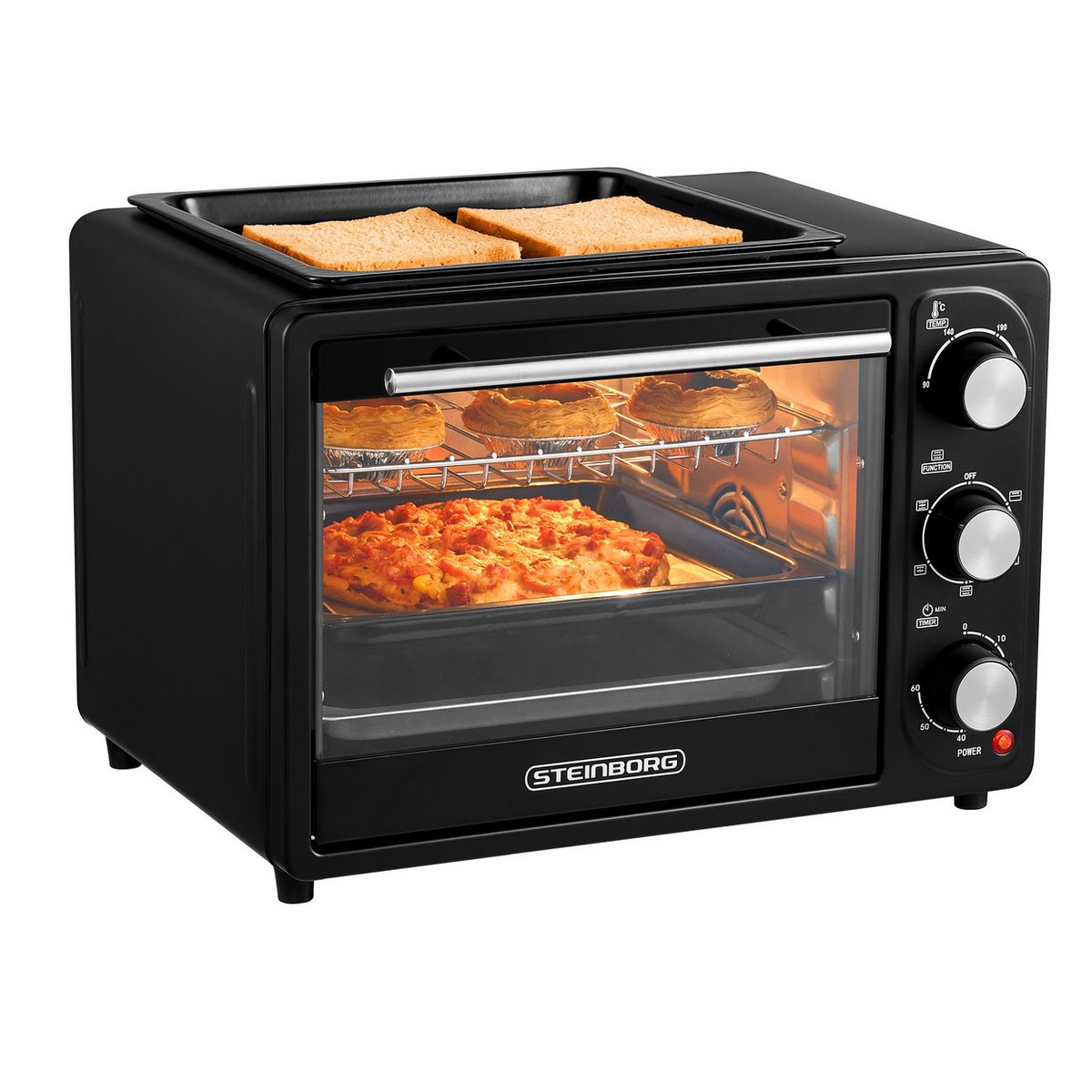 STEINBORG Minibackofen SB-3001, 20 Liter, Umluft, 3 in 1 Funktion, Grillplatte, 1300 W