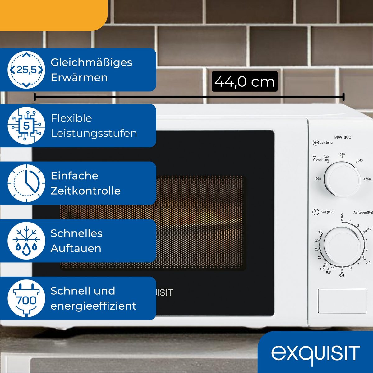 exquisit Mikrowelle MW 802, Mikrowelle, 20,00 l, 20 Liter, 25,5 cm Drehteller, inkl. Timer, einfach Bedienung, 700 Watt – Bild 3