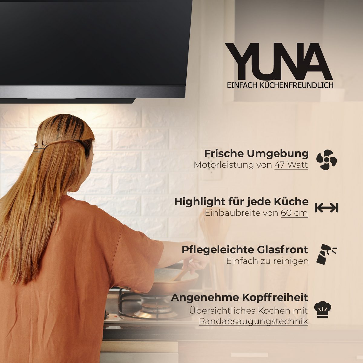 YUNA Kopffreihaube Dunstabzugshaube DULCIA Schräghaube Wandhaube Glasfront 3 Stufen Dunstabzugshaube DULCIA Schräghaube Wandhaube Glasfront 3 Stufen, 60cm breit, LED-Beleuchtung, Abluft & Umluft, schwarz – Bild 3